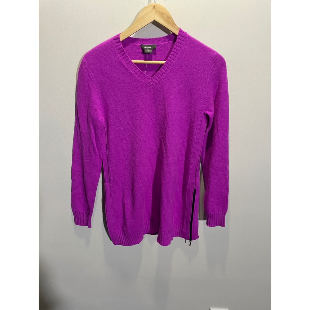 Pure Amici Sweater Women XS Purple‎ 100% Cashmere V-Neck Side Zip Knit Pullover